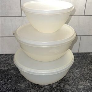 Wonderlier Bowls by Tupperware White Plastic Bowl Set of 3 Semi sheer. Good cond